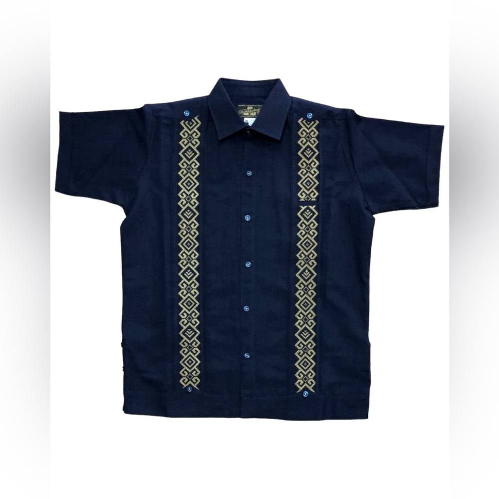 Men’s Linen Navy Guayabera with Gold Embroidery Short Sleeve